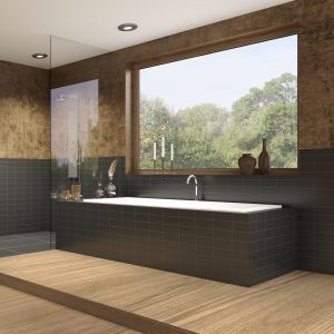 Badezimmer in eleganter dunkelgrauer Holzoptik